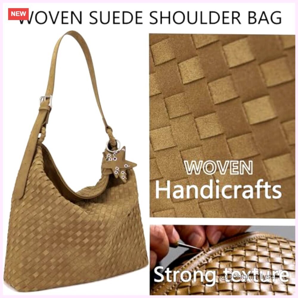 Woven Suede Hobo Tote Slouchy Shoulder Bag Large Spacious Crossbody Adjustable - Picture 3 of 7